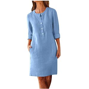 Womens Dresses 0414a753 FunAloe Dresses for Women UK Sales Ladies Linen Dresses Special Occasion Dresses for Women Blue Dresses UK Long Sleeve Crewneck Button Cotton with Pockets Dress Elegant Dress Plain Dresses Clearance