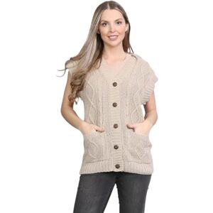 Zaif & Hari Womens Sleeveless Cable Knitted Grandad 5 Button Cardigan Ladies Cardigans Casual Stretchy 2 Pocket V-Neck Sweater Waistcoat Top Plus Size 8-26(Stone-ML)