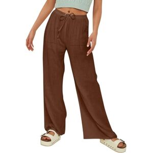 Nmslcnm Summer Trousers for Women UK Womens Linen Palazzo Pants Summer Casual Boho Wide Leg High Waist Comfy Beach Trousers with Pockets Ladies Loose Fit Trousers (Brown, L)