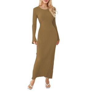 Felcia Women Knitted Ribbed Dress Elegant Long Sleeve Crew Neck Bodycon Maxi Dress Spring Fall Long Dress Streetwear (A-Camel, L)