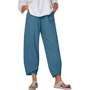 RUIRUILICO Linen Cropped Trousers for Womens UK Plus Size Elastic High Waist Wide Leg Casual Pants Solid Color/Vintage Print Palazzo Trousers S-5XL Navy