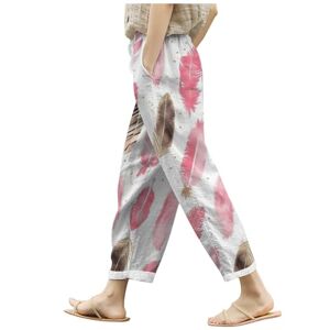 BKSCAYXS Women's Summer Cotton Linen Trousers Loose Pocket Elastic Waist Wide Leg Trousers Retro Literary Plain Casual Ninth Trousers Dog Sports Trousers Women's 48, pink, XXL