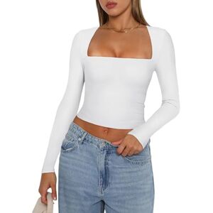 WangsCanis Womens Long Sleeve T Shirts Square Neck Crop Going Out Cute Tops Slim Fit Basics Tee Y2k Fashion Trendy Clothes (C Low Cut White, L)