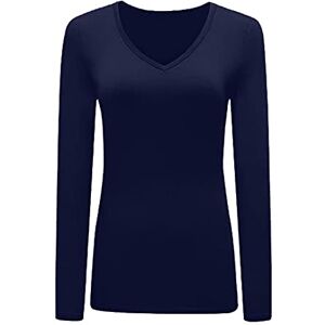 KATSSI Women’s Ladies Long Sleeve Stretch Plain V Neck T Shirt Top Navy