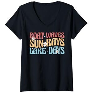 Groovy Summer Vacation Design Womens Boat Waves Sun Rays Lake Days Retro Groovy Summer Vacation V-Neck T-Shirt