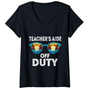 Summer Teacher Aide Off Duty Vintage Womens Teacher Aide Off Duty Sunglasses Summer Last Day Of School V-Neck T-Shirt