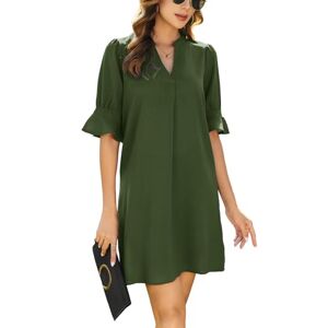Svanco Shirt Dress Women's Mini Dresses V Neckline Ruffle Short Sleeve Elegant A-Line Dress Solid Color Shirt Dresses for Lady UK Knee Length Midi Dresses Army Green XL