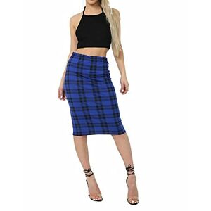 GirlzWalk&#174; Womens Plain Printed Mini Bodycon Pencil Skirt - Ladies Stretch Office Jersey Elastic Waisy Midi Skirts (Blue Tartan, 12-14)