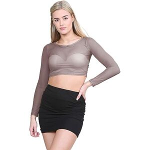 janisramone&#174; Women's Sheer Mesh Top Crew Neck See Through Long Sleeve Tops Women, Ideal Womens Summer Tops & Party Tops for Women UK Mocha