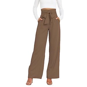 AIEOE Women's Work Trousers UK Ladies Palazzo Trousers Office Stretch Suit Pants Cigarette Straight Trousers High Elastic Waist Flared Pants L Brown