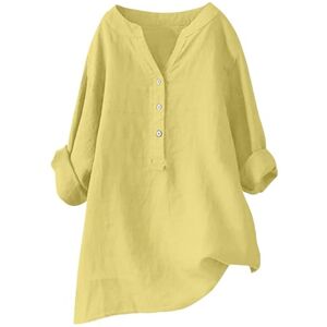 Generic Solid Colour Tops for Women UK Summer V Neck Long Sleeve Cotton Linen Button Down Shirts Ladies Casual Baggy Blouse Dressy Elegant Tunics Yellow