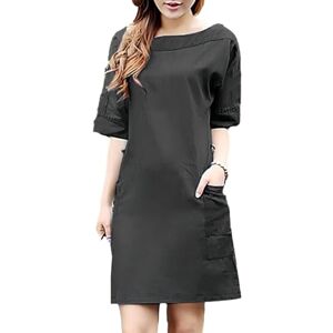 fxwtich Summer Dress for Women's Half Sleeve Retro Cotton Linen Pockets Mini Dress Loose Fit Vintage Straight Dress Black XL