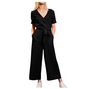 Janly Clearance Sale Womens One Piece, Women Solid Pocket Romper Short Sleeve V-Neck Belt Loose Overalls Jumpsuit for Summer Holiday