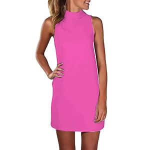 Generic Short Dress for Women Casual High Neck Sleeveless Dress Ladies Solid Color Ladies' Sexy Long Top Ciao Dress Solid Color Dress (Hot Pink, L)