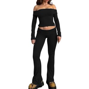 Acrawnni Women's Two Piece Outfit Y2k Basic Long Sleeve Off Shoulder Crop Top with Low Rise Flare Pants Streetwear Tracksuit (A-Black, S)