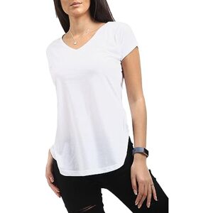 Shopygirls Womens Ladies Plain V Neck Curved Hem Turn Up Short Sleeve Jersey T Shirt Top (24, White)