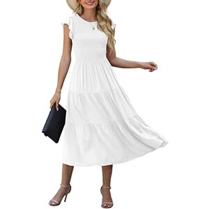 GRECERELLE Womens Summer Maxi Dress - Casual Midi Smocked Ruffle Sleeve Elastic Waist Crew Neck Tiered Cocktail Long Dresses for Ladies (White, S)