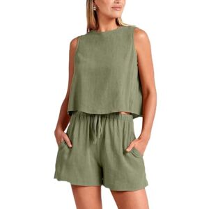 LCDIUDIU Summer Co Ord Sets For Women Linen, Beige Crew Neck Sleeveless Vest Back Button Crop Top Tank Top Shorts Sets 2 Pieces Outfit Lounge Holiday Beach Wear Matching Sets Green L