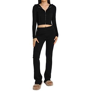 PanLidapan Women Casual Two Piece Summer Outfits Long Sleeve Zipper Hooded Crop Top Trouser Solid Colour Knit Lounge Sets Sweatsuit Tracksuit