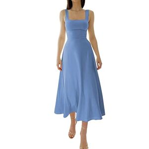 Wllhxyx New Women's Thick Straps Square Neck Midi Dress Summer Sleeveless Wide Strap Solid Casual Corset Dress Formal (Baby Blue,XS)