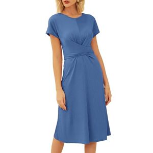 GRACE KARIN Women's Elegant Solid Summer Dress Casual Round Neck A-Line Dress Midi Dress Blue L