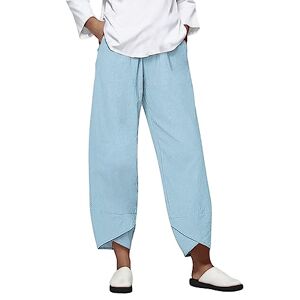 FULKAN Womens Tops Womens Casual Summer Cotton Linen Capris Trousers Elastic High Waist Plus Size Loose Fit Cropped Wide Leg Harem Yoga Beach Pants with Pockets(01-Sky Blue,4XL)