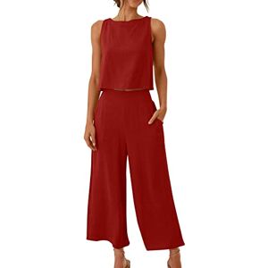 ⭐ Tousers For Women Uk,230510bkdia395 FunAloe Women's Linen Trouser Suits Round Neck Crop Basic Top Button Back Tops Outfits for Women 2 Piece Set Two Wide Leg Pants Womens Summer with Pocket, 01-red