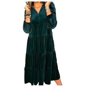 SHINROAD Women A-line Velvet Dress Vintage Velvet Dress Women Midi Dress Patchwork A-line Loose Hem Long Sleeve V Neck Velvet Soft Warm Mid-calf Length Dress Green L