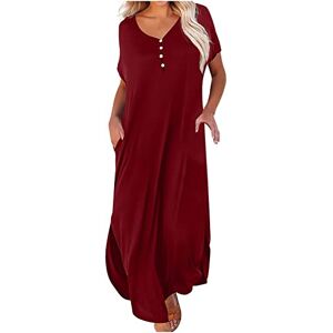 Generic P-365 Burgundy Wine Ladies Short Sleeve Dresses Loose Fit Dresses for Women Vneck Beach Lounge Hawaiian Tropical Plain Maxi Long Summer Fall Dresses Button 2024 Clothes Fashion AS M