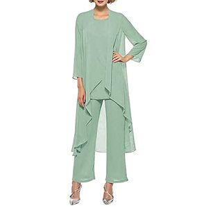 3 Pcs Pant Suits 2023 Mother of The Bride Chiffon Outfit Sets Wedding Guest Formal Cardigan Evening Gowns Sage-Green 28