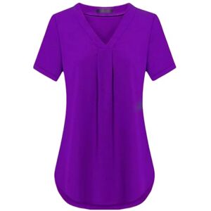 HEXHUASR T Shirts For Women Summer Women's Clothing Casua V-neck Short Sleeve Shirt Solid Color Loose Pleated Chiffon T-shirt S-6xl-purple-m