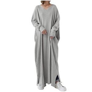 Generic P-058 Gray Ladies Long Sleeve Dresses Loose Fit Oversized Dresses for Juniors V Neck Spandex Casual Muslim Plain Maxi Long Fall Summer Dresses 2024 Soft Comfy Clothing Y2K 5XL