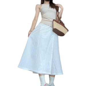 Sheng Women Loose Skinny Eight-Cut Culottes, Cropped Casual A-Line Elastic High-Waisted Wide Leg Skirt Pants with Pockets (White,XL)