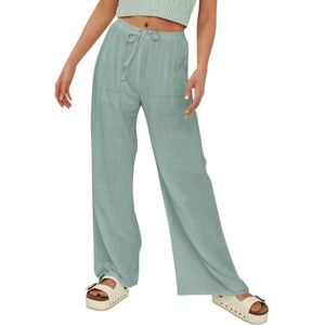 Nmslcnm Summer Trousers for Women UK Womens Linen Palazzo Pants Summer Casual Boho Wide Leg High Waist Comfy Beach Trousers with Pockets Ladies Loose Fit Trousers (Mint Green, XXXXL)