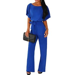 FeMereina Women's Casual Jumpsuits Loose Batwing Sleeve Crewneck Rompers Long Pants Belted Wide Legs Overall S-2XL (Sapphire Blue, Small)