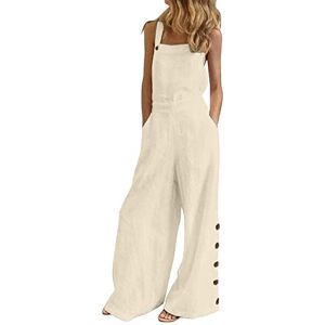 Generic Women Sleeveless Jumpsuit Jumpsuit Casual Solid Summer Wide Leg Dungarees Wide Leg Jumpsuit Romper with Pockets Dino Suit (Beige, XL)