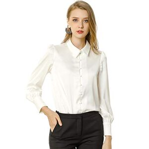 Allegra K Women's Satin Blouse Puff Sleeve Point Collar Vintage Button Up Shirt, White, XL