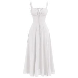 Women's Summer Dress Spaghetti Strap Dress Spring Boho Dress Front Slit Swing Midi Sundress Party Holiday Beach Dress White XL