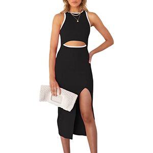 FeMereina Women's Summer Knit Midi Bodycon Dresses Casual Crew Neck Side Slit Sleeveless Knit Cut Out Tank Top Dress (Black, L)