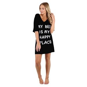 Fashion Star Women V Neck Baggy My Bed Is My Happy Place Oversized Mini PJ Shirt Dress Black S/M (UK 8/10)