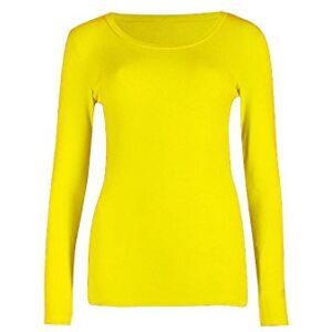 New Womens Long Sleeve Round Neck Plain Basic Ladies Stretch T-Shirt Top 8-26 (Yellow, SM UK 8-10)