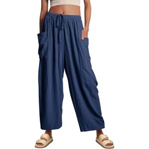 OUSHOP Women's Solid Color Elastic Waist Pleated High Waist Wide Leg Pants Loose Casual Cotton and Linen Nine-Point Pants,Dark Blue,M