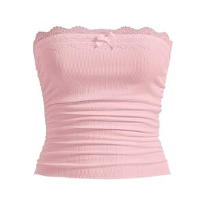 FeMereina Women Lace Trim Tube Tops Strapless Bowknot Front Cropped Bandeau Backless Shirts Ribbed Knit Ruched Bandeau Tank Tops Y2K Streetwear (Pink, L)