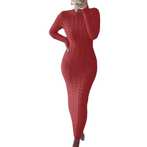 FeMereina Women's Ribbed Long Sleeve Sweater Dress Cable Knitted Ribbed Crew Neck Bodycon Long Dress Slim Fit Knitted Maxi Jumper Dress (Watermelon Red, 3X-Large)