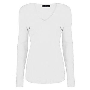 Hamishkne Ladies Long Sleeve V Neck T-Shirt Stretchy Slim Fit Plain Jersey Basic Casual Top White