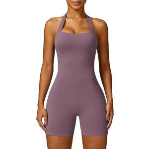 Maeau - Women Yoga Jumpsuit Sports Romper Halter Neck Seamless Playsuits Backless Unitard Fitted Bodycon Bodysuit Workout Shorts Pants M Purple