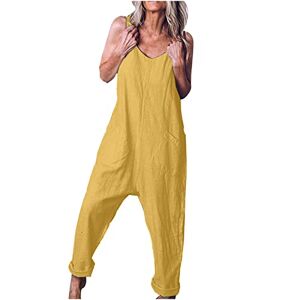 HAOLEI Linen Dungarees Women Plus Size 22 Casual Loose Sleeveless Overalls Summer Cotton Line V Neck Harem Jumpsuit Baggy Boho Long Pants Playsuit Wide Leg Dungarees with Pockets UK Sale Clearance