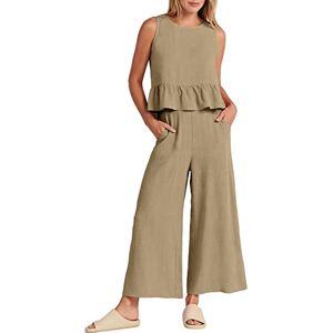 Generic Petite Suit 2 Piece Outfits Sleeveless Ruffle Tank Crop Top & Wide Leg Pants Set With Pockets Long Pants Suits for Women (Beige, M)