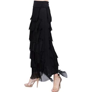 Alam Exclusive Women's Silk Skirt Dress Ladies Long Italian Layered Ruffle Frill Tiered Hight Waist Ladies Maxi Summer Holiday Beach Resort Wear Party (Black)