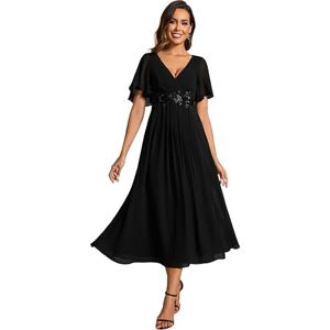 Ever-Pretty Women's V-Neck Short Sleeves Pleated A-Line Petite Dresses for Women Wedding Guest Burnt Black 10UK